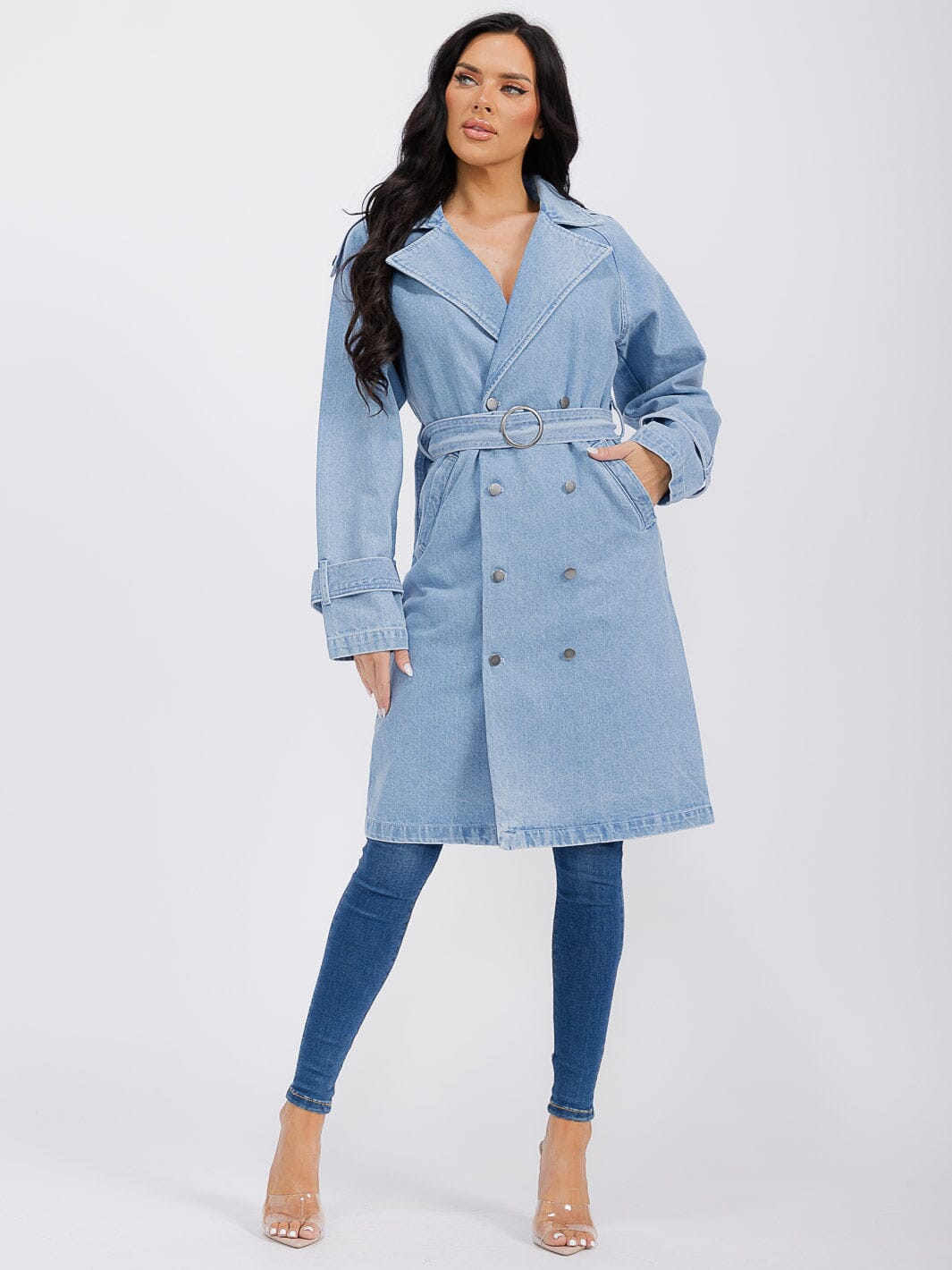 WOMEN'S LONG SLEEVE BUTTON CLOSURE FRONT POCKETS BELTED DENIM COAT