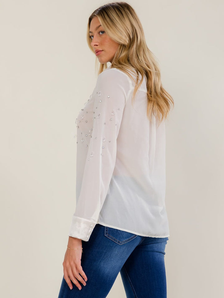 WOMEN'S LONG SLEEVE BUTTON UP STUDS SHEER BLOUSE