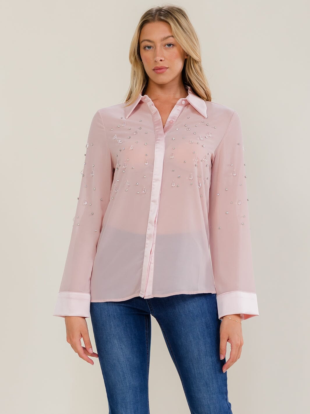 WOMEN'S LONG SLEEVE BUTTON UP STUDS SHEER BLOUSE