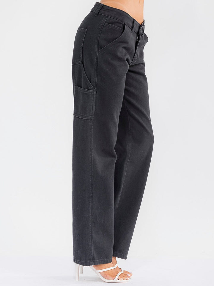 WOMEN'S BUTTON CLOSURE POCKETS DENIM WIDE LEG PANTS