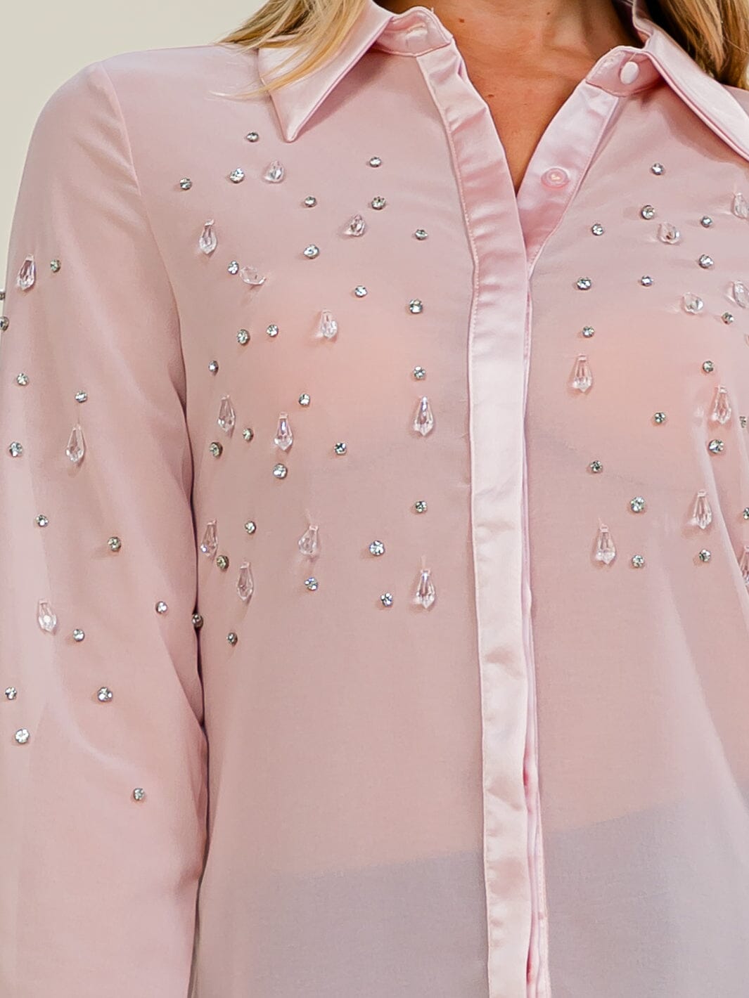 WOMEN'S LONG SLEEVE BUTTON UP STUDS SHEER BLOUSE