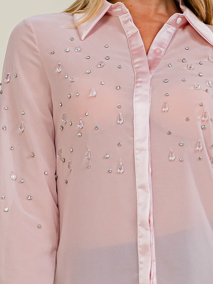 WOMEN'S LONG SLEEVE BUTTON UP STUDS SHEER BLOUSE