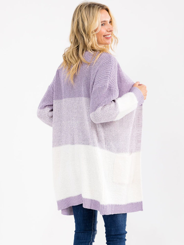 WOMEN'S LONG SLEEVE OPEN FRONT POCKETS COLORBLOCK CARDIGAN