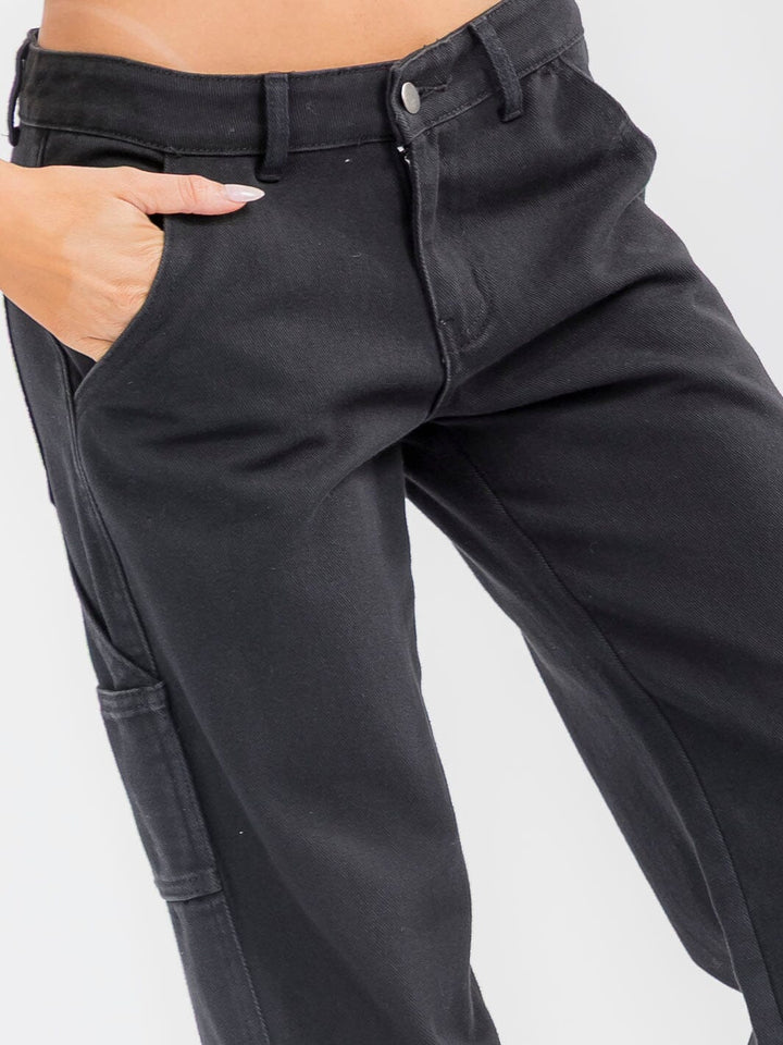 WOMEN'S BUTTON CLOSURE POCKETS DENIM WIDE LEG PANTS