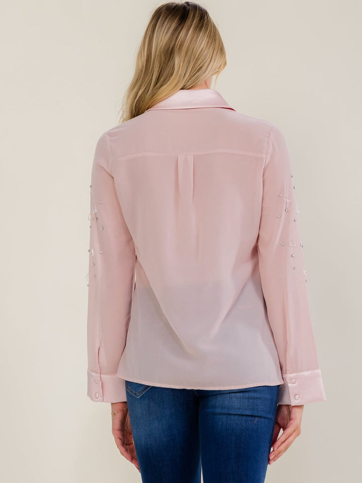 WOMEN'S LONG SLEEVE BUTTON UP STUDS SHEER BLOUSE