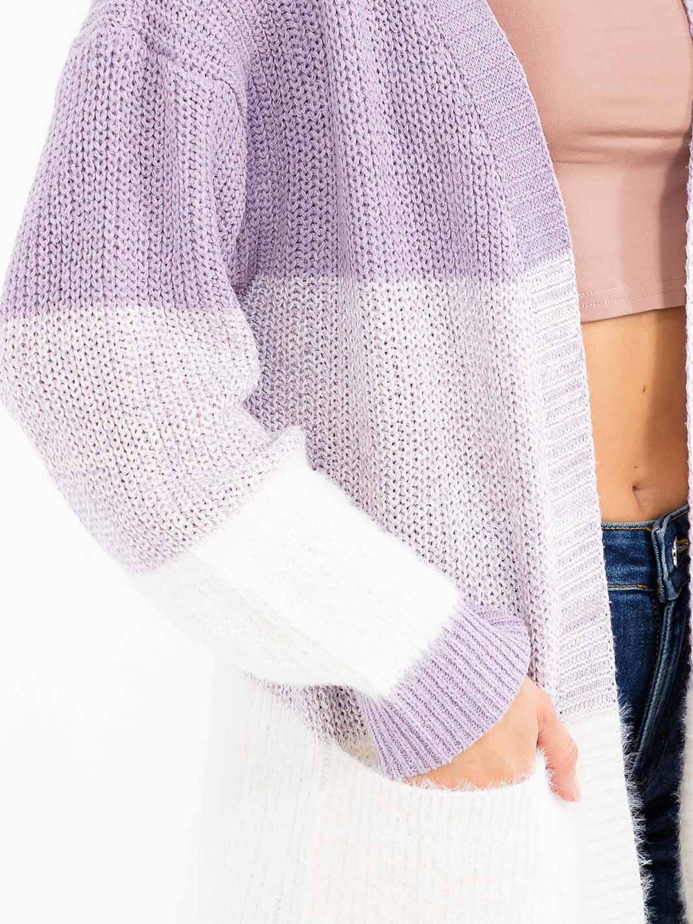 WOMEN'S LONG SLEEVE OPEN FRONT POCKETS COLORBLOCK CARDIGAN