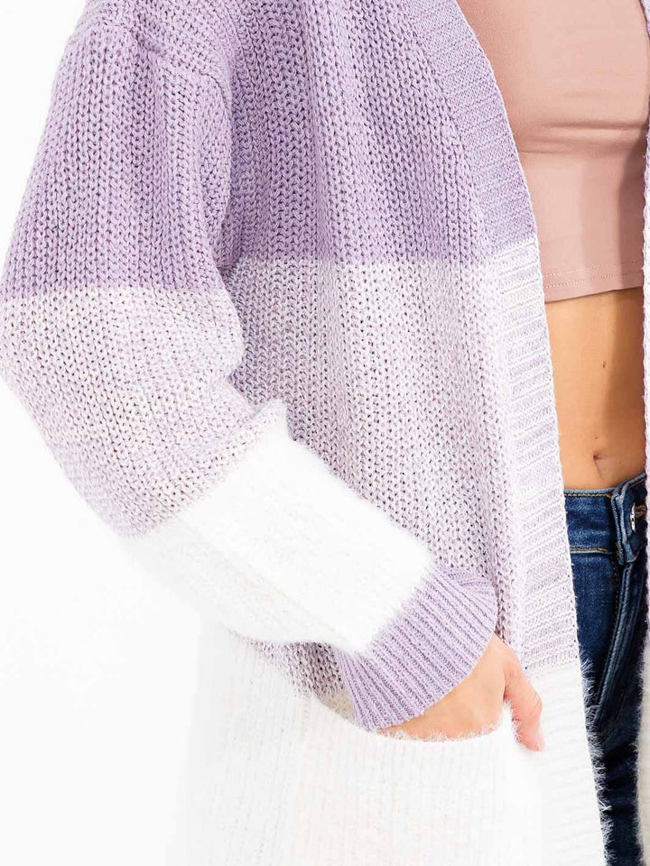 WOMEN'S LONG SLEEVE OPEN FRONT POCKETS COLORBLOCK CARDIGAN