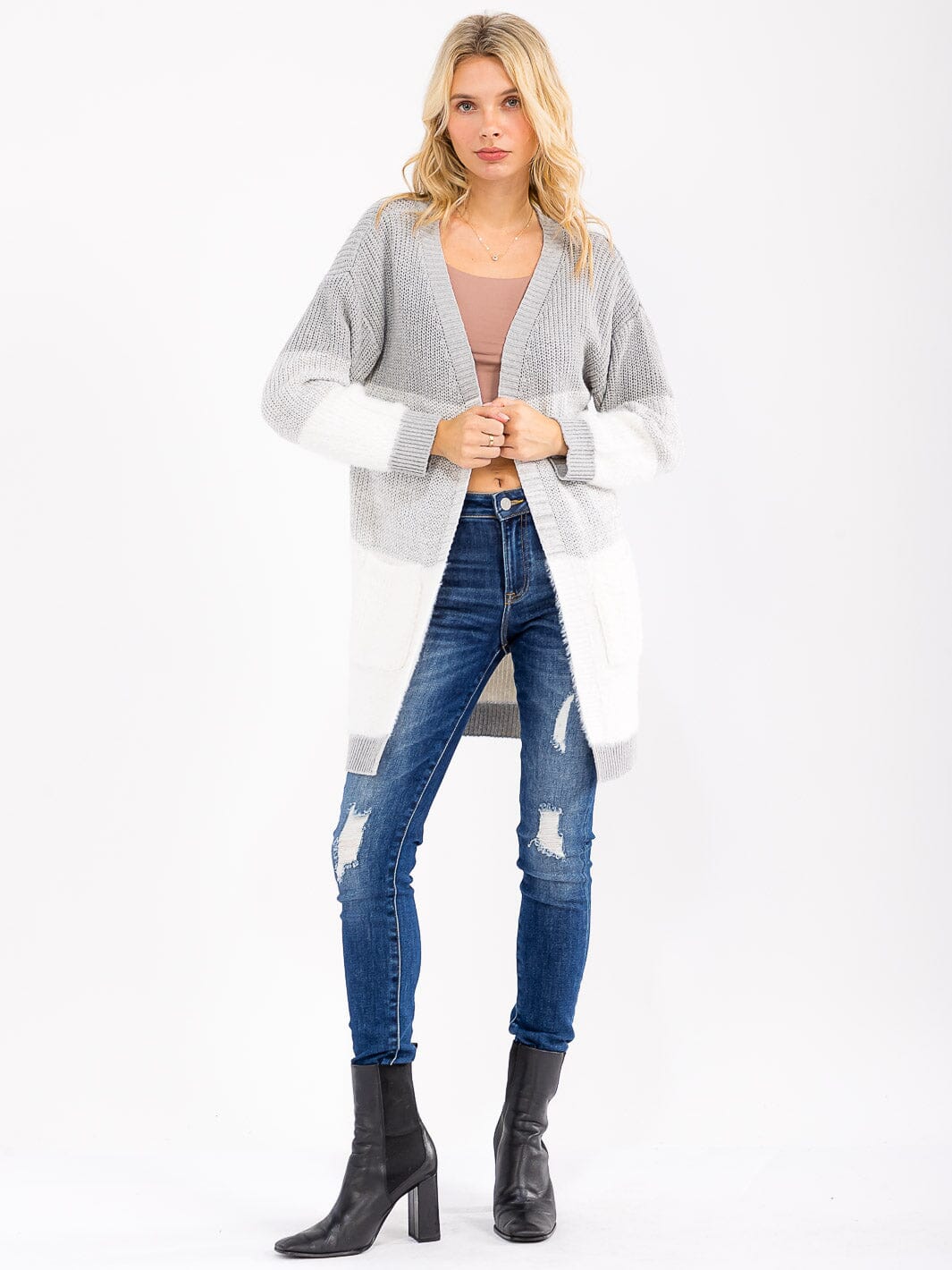 WOMEN'S LONG SLEEVE OPEN FRONT POCKETS COLORBLOCK CARDIGAN