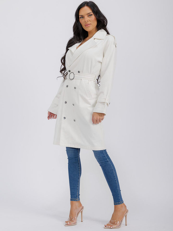 WOMEN'S LONG SLEEVE BUTTON CLOSURE FRONT POCKETS BELTED DENIM COAT