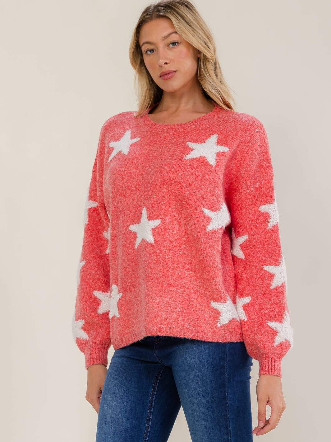 WOMEN'S LONG SLEEVE STARS PRINT PULLOVER SWEATER