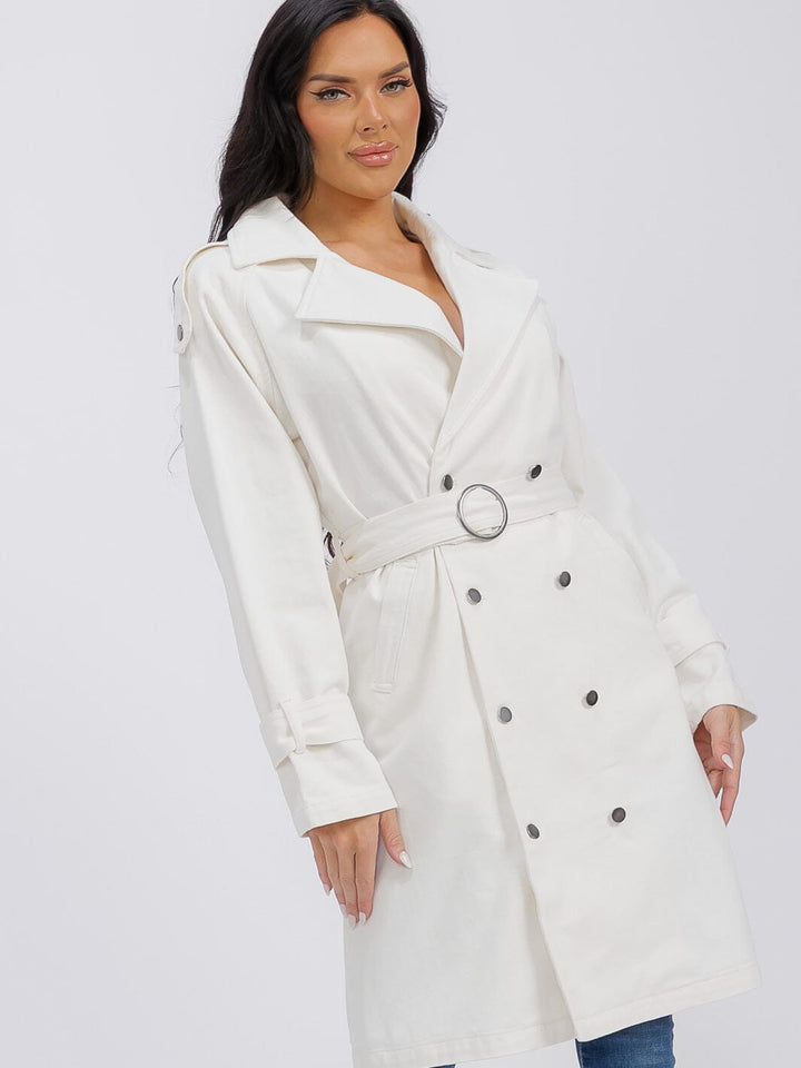 WOMEN'S LONG SLEEVE BUTTON CLOSURE FRONT POCKETS BELTED DENIM COAT