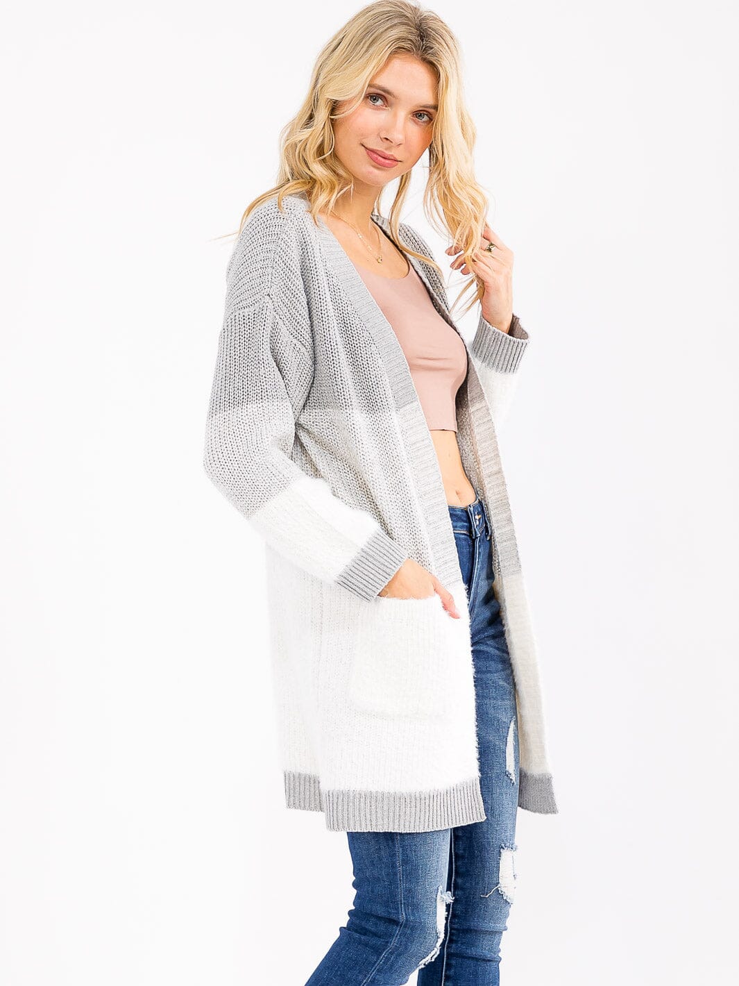 WOMEN'S LONG SLEEVE OPEN FRONT POCKETS COLORBLOCK CARDIGAN