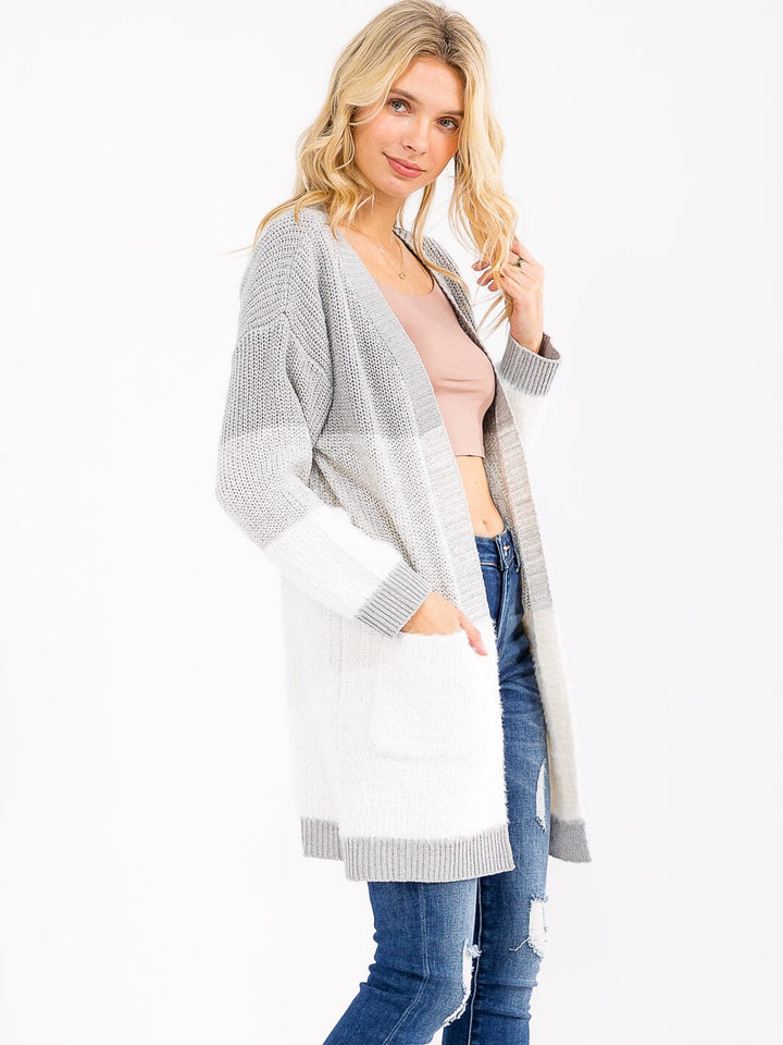 WOMEN'S LONG SLEEVE OPEN FRONT POCKETS COLORBLOCK CARDIGAN
