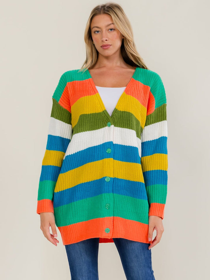 WOMEN'S LONG SLEEVE BUTTON UP STRIPES COLORBLOCK KNIT CARDIGAN