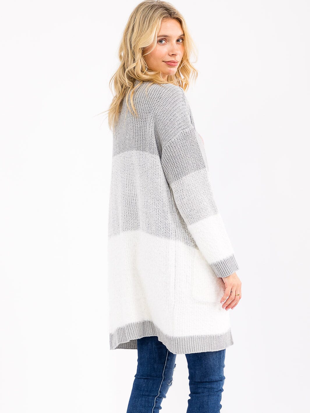 WOMEN'S LONG SLEEVE OPEN FRONT POCKETS COLORBLOCK CARDIGAN