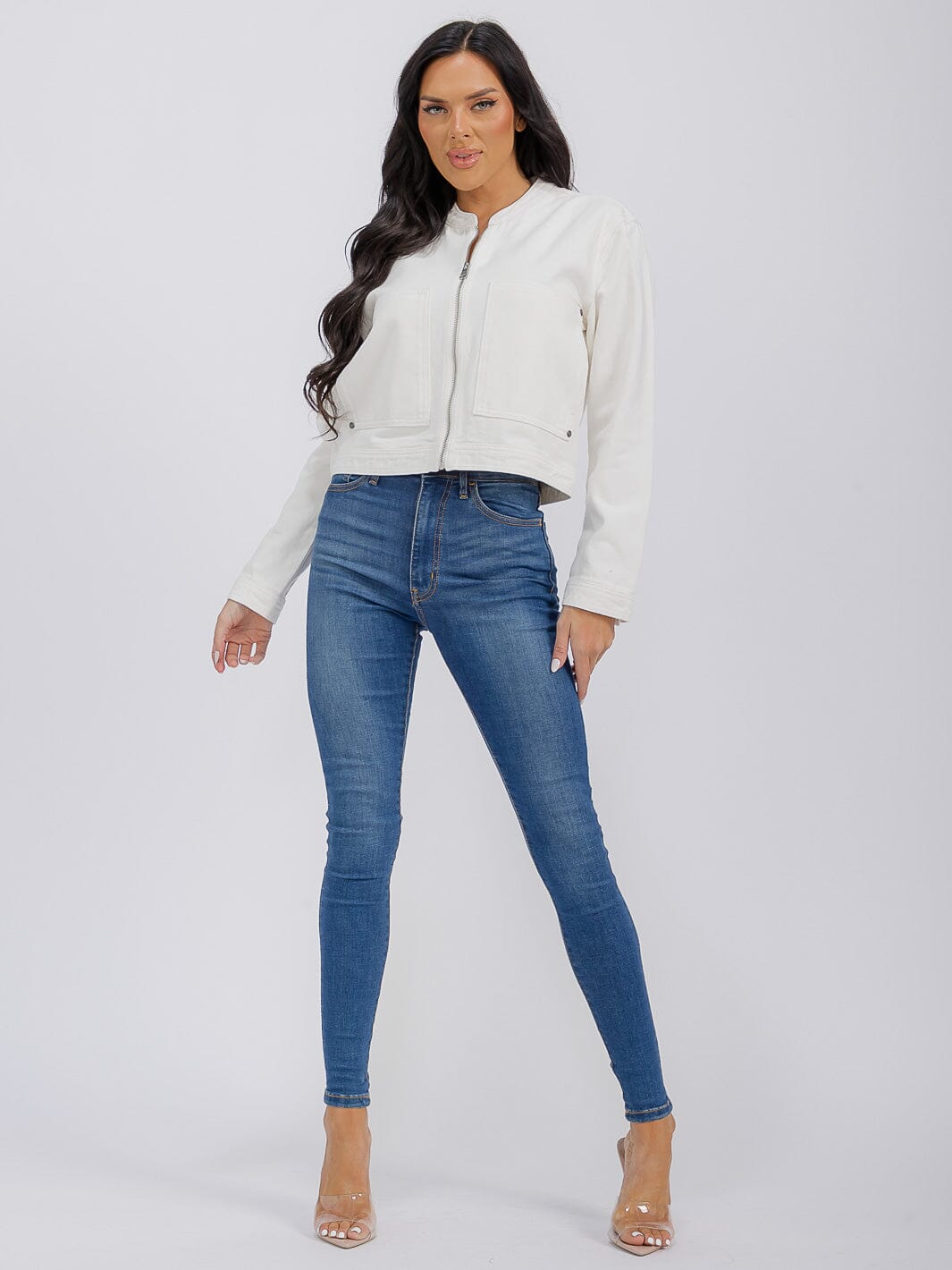 WOMEN'S LONG SLEEVE ZIPPER CLOSURE FRONT POCKETS DENIM JACKET