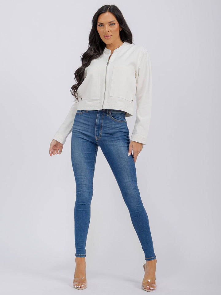 WOMEN'S LONG SLEEVE ZIPPER CLOSURE FRONT POCKETS DENIM JACKET