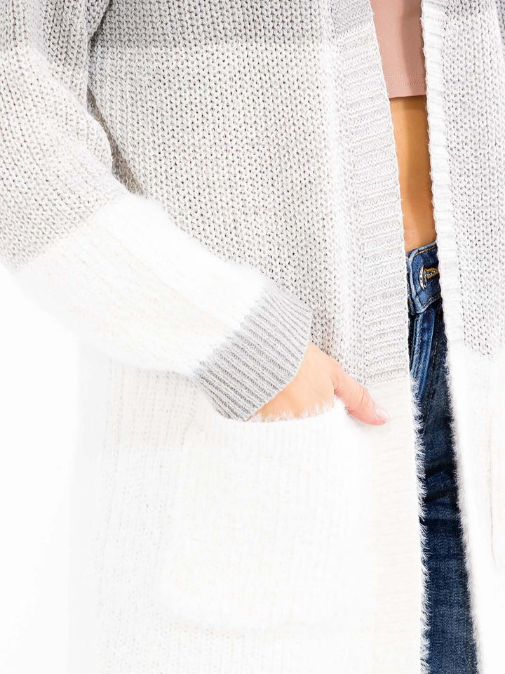 WOMEN'S LONG SLEEVE OPEN FRONT POCKETS COLORBLOCK CARDIGAN