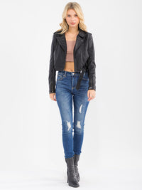 WOMEN'S LONG SLEEVE ZIP UP FRONT POCKETS PU PLEATHER BELTED JACKET