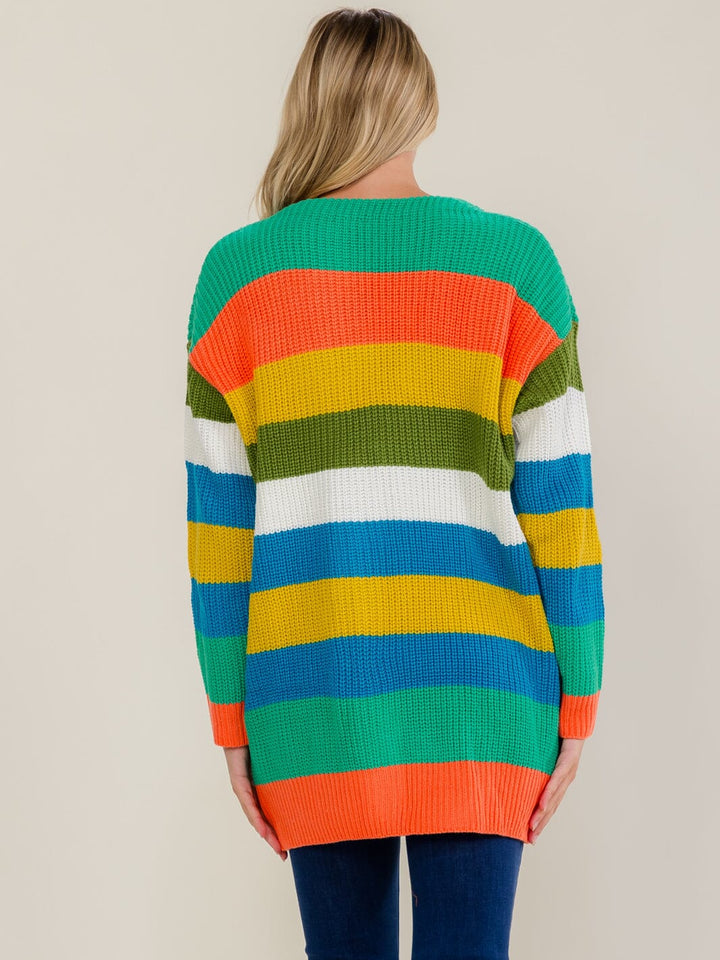 WOMEN'S LONG SLEEVE BUTTON UP STRIPES COLORBLOCK KNIT CARDIGAN