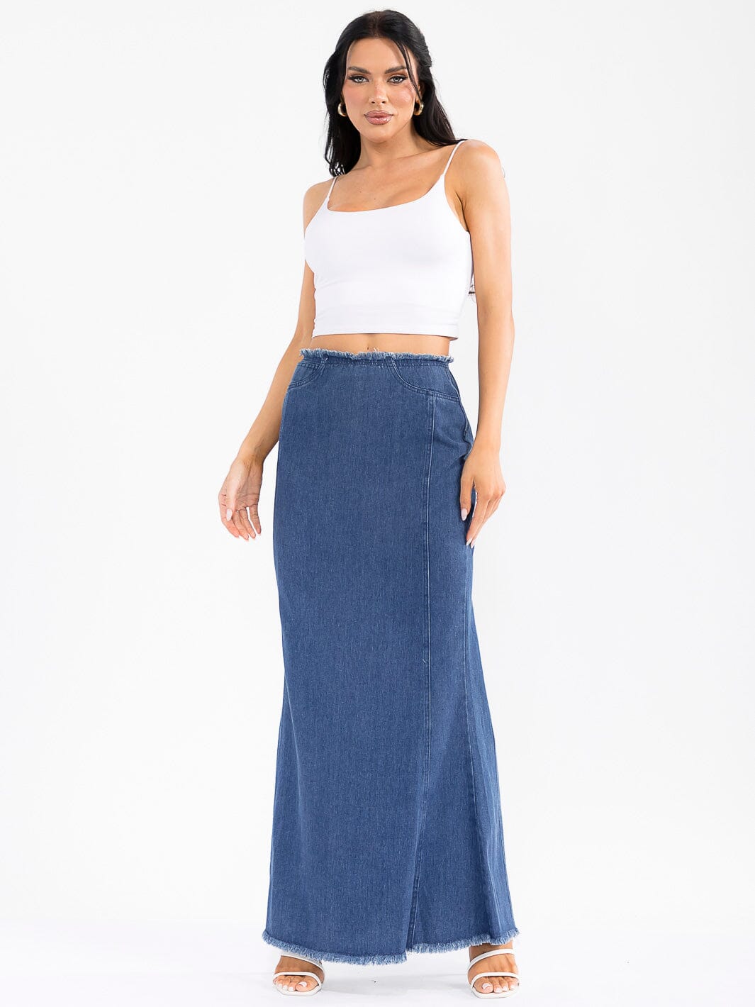 WOMEN'S ZIPPER CLOSURE WASHED DENIM MAXI SKIRT