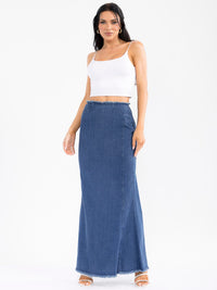 WOMEN'S ZIPPER CLOSURE WASHED DENIM MAXI SKIRT