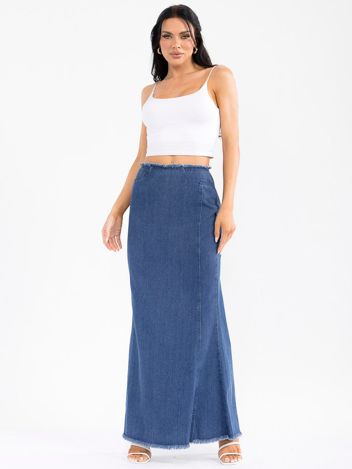 WOMEN'S ZIPPER CLOSURE WASHED DENIM MAXI SKIRT