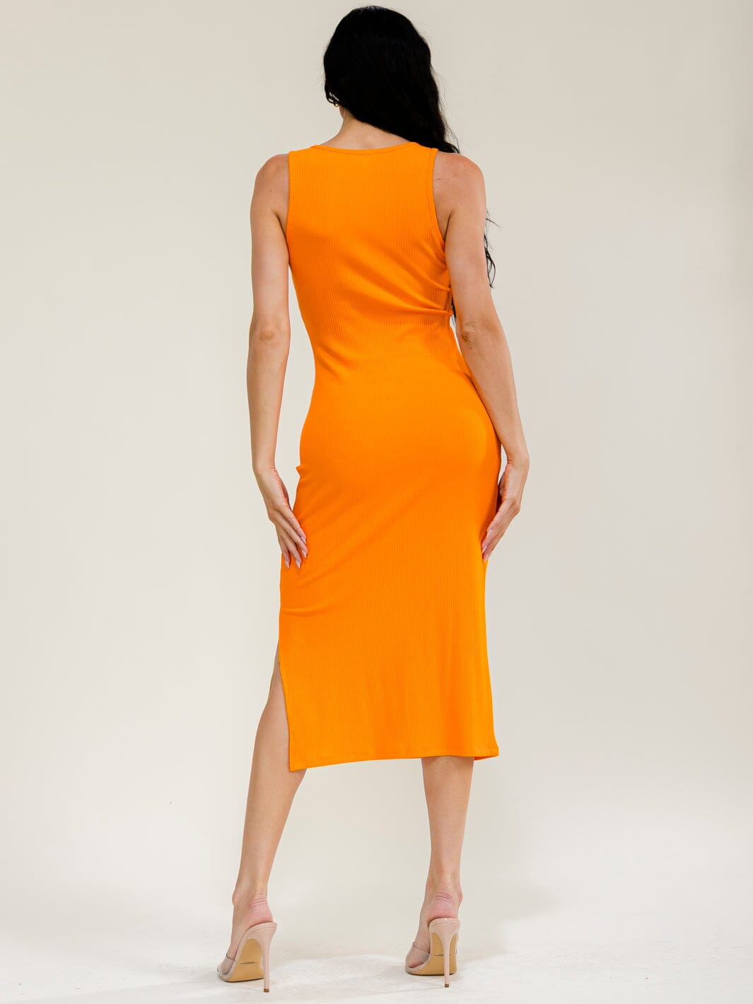 WOMEN'S SLEEVELESS SIDE SLIT RIBBED MIDI DRESS