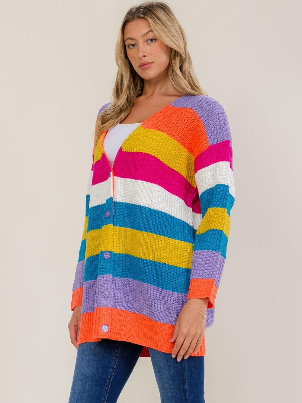 WOMEN'S LONG SLEEVE BUTTON UP STRIPES COLORBLOCK KNIT CARDIGAN