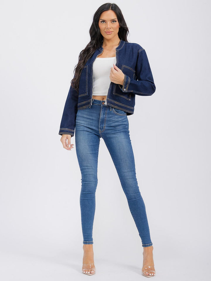 WOMEN'S LONG SLEEVE ZIPPER CLOSURE FRONT POCKETS DENIM JACKET