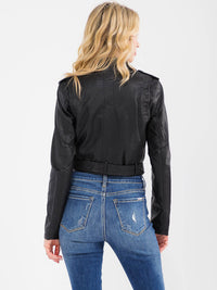 WOMEN'S LONG SLEEVE ZIP UP FRONT POCKETS PU PLEATHER BELTED JACKET