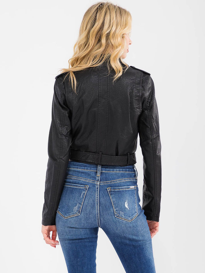 WOMEN'S LONG SLEEVE ZIP UP FRONT POCKETS PU PLEATHER BELTED JACKET