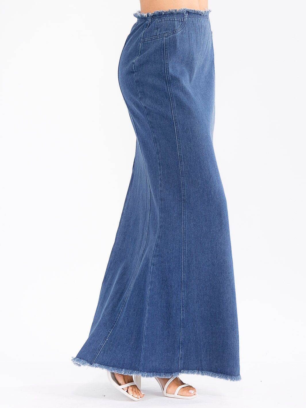 WOMEN'S ZIPPER CLOSURE WASHED DENIM MAXI SKIRT