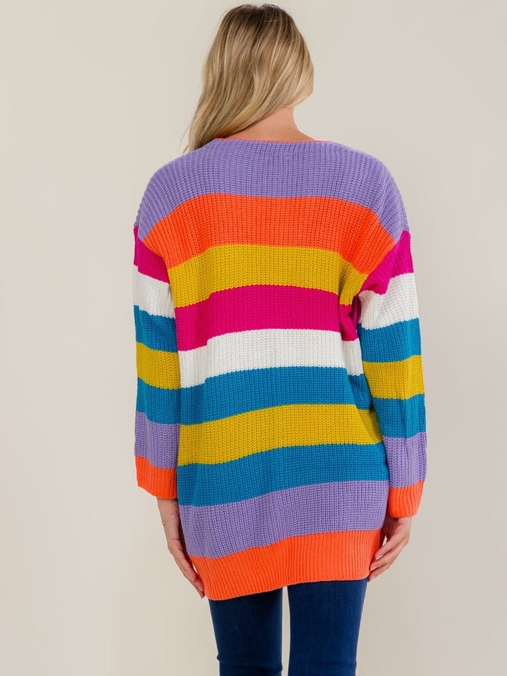 WOMEN'S LONG SLEEVE BUTTON UP STRIPES COLORBLOCK KNIT CARDIGAN