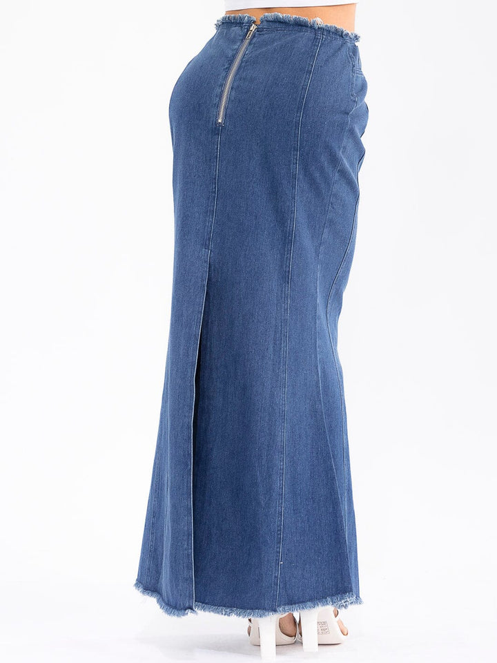 WOMEN'S ZIPPER CLOSURE WASHED DENIM MAXI SKIRT