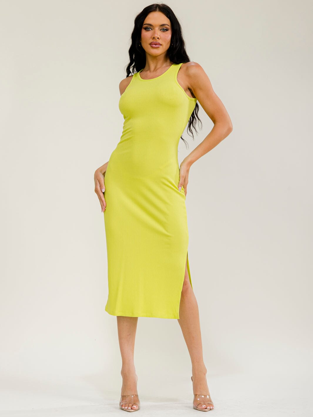 WOMEN'S SLEEVELESS SIDE SLIT RIBBED MIDI DRESS