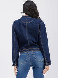 WOMEN'S LONG SLEEVE ZIPPER CLOSURE FRONT POCKETS DENIM JACKET