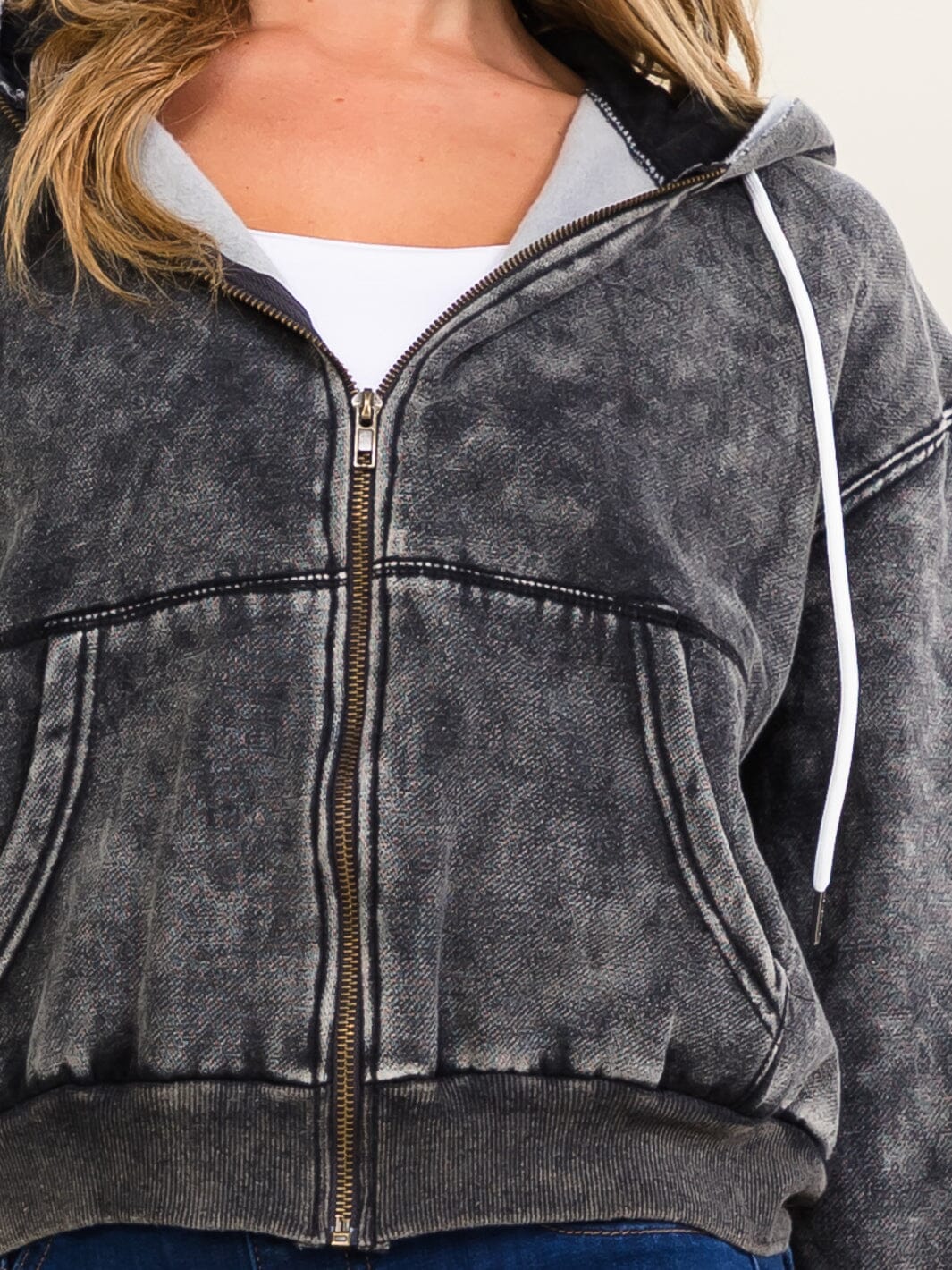 WOMEN'S LONG SLEEVE ZIP UP FRONT POCKETS HOODED WASHED SWEATER