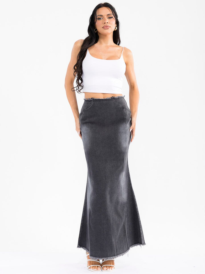 WOMEN'S ZIPPER CLOSURE WASHED DENIM MAXI SKIRT