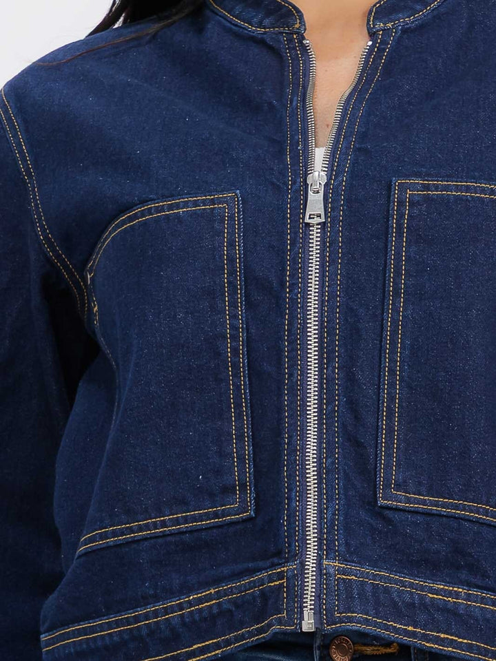 WOMEN'S LONG SLEEVE ZIPPER CLOSURE FRONT POCKETS DENIM JACKET