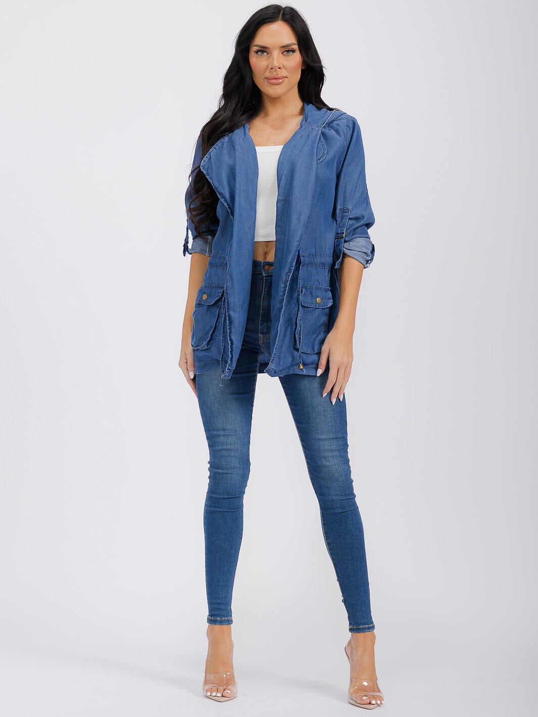 WOMEN'S LONG SLEEVE SELF TIE POCKETS HOODED CHAMBRAY JACKET