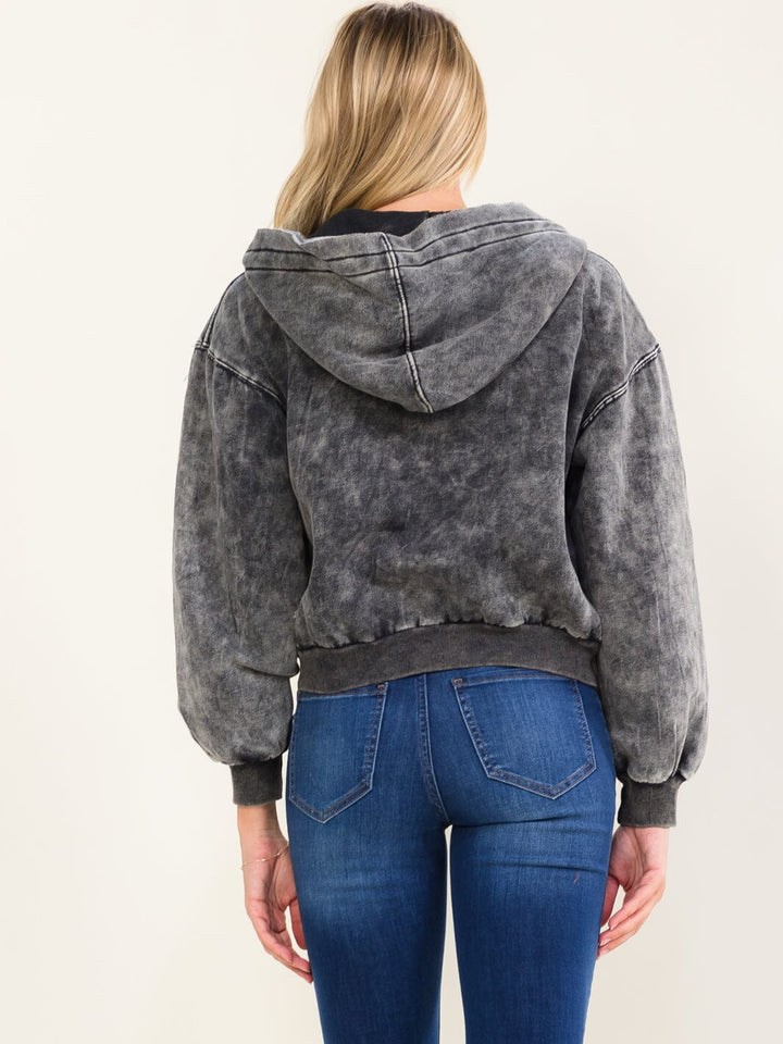 WOMEN'S LONG SLEEVE ZIP UP FRONT POCKETS HOODED WASHED SWEATER