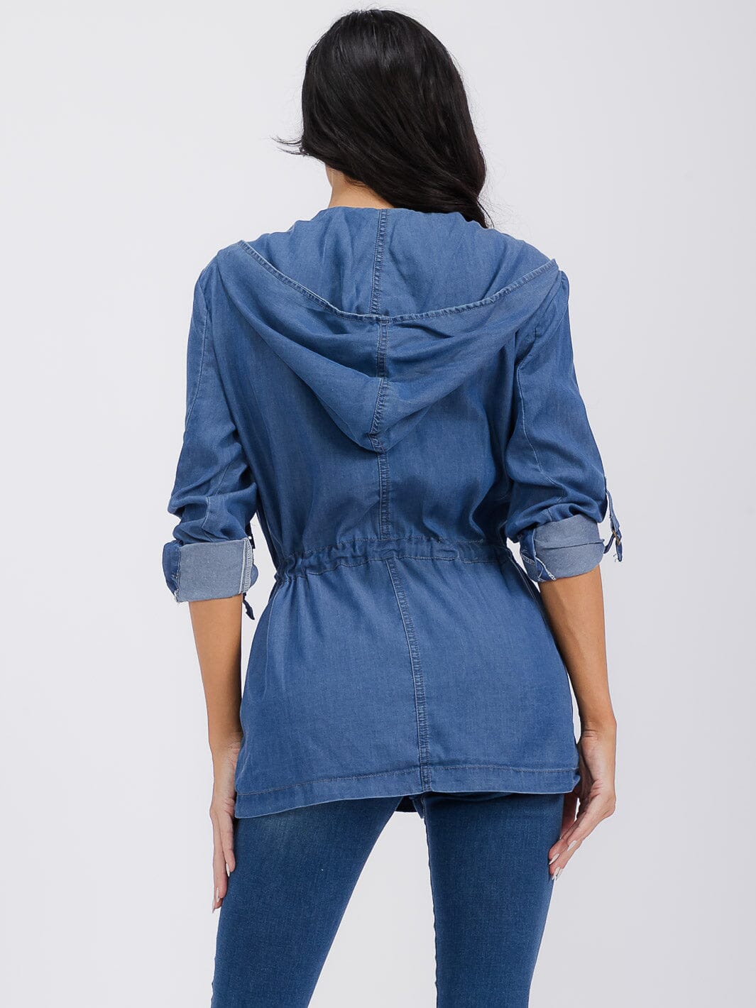 WOMEN'S LONG SLEEVE SELF TIE POCKETS HOODED CHAMBRAY JACKET