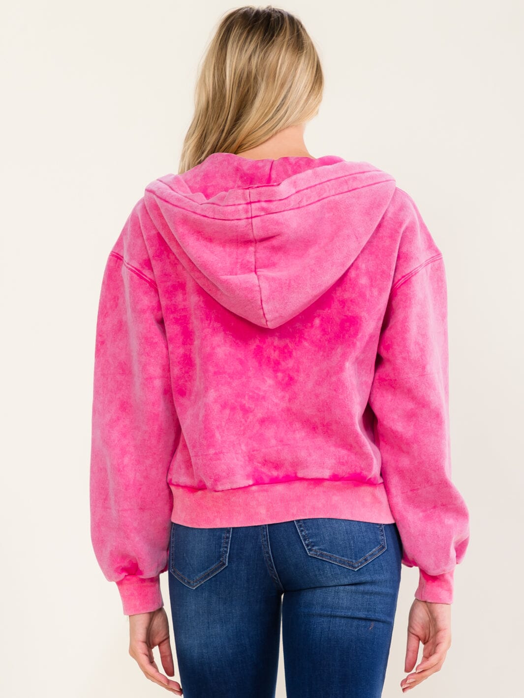 WOMEN'S LONG SLEEVE ZIP UP FRONT POCKETS HOODED WASHED SWEATER