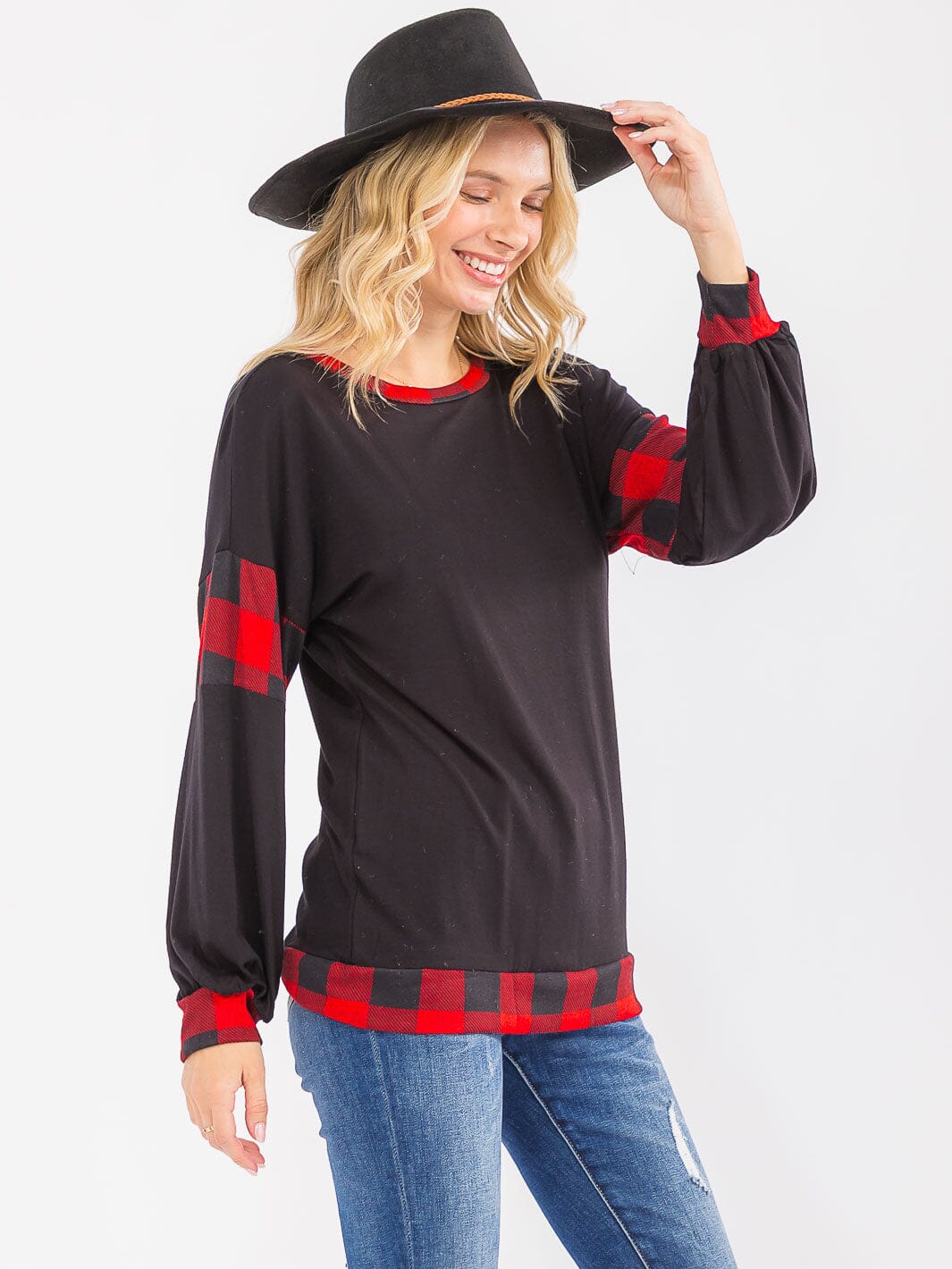 WOMEN'S LONG SLEEVE CONTRAST PLAID TOP