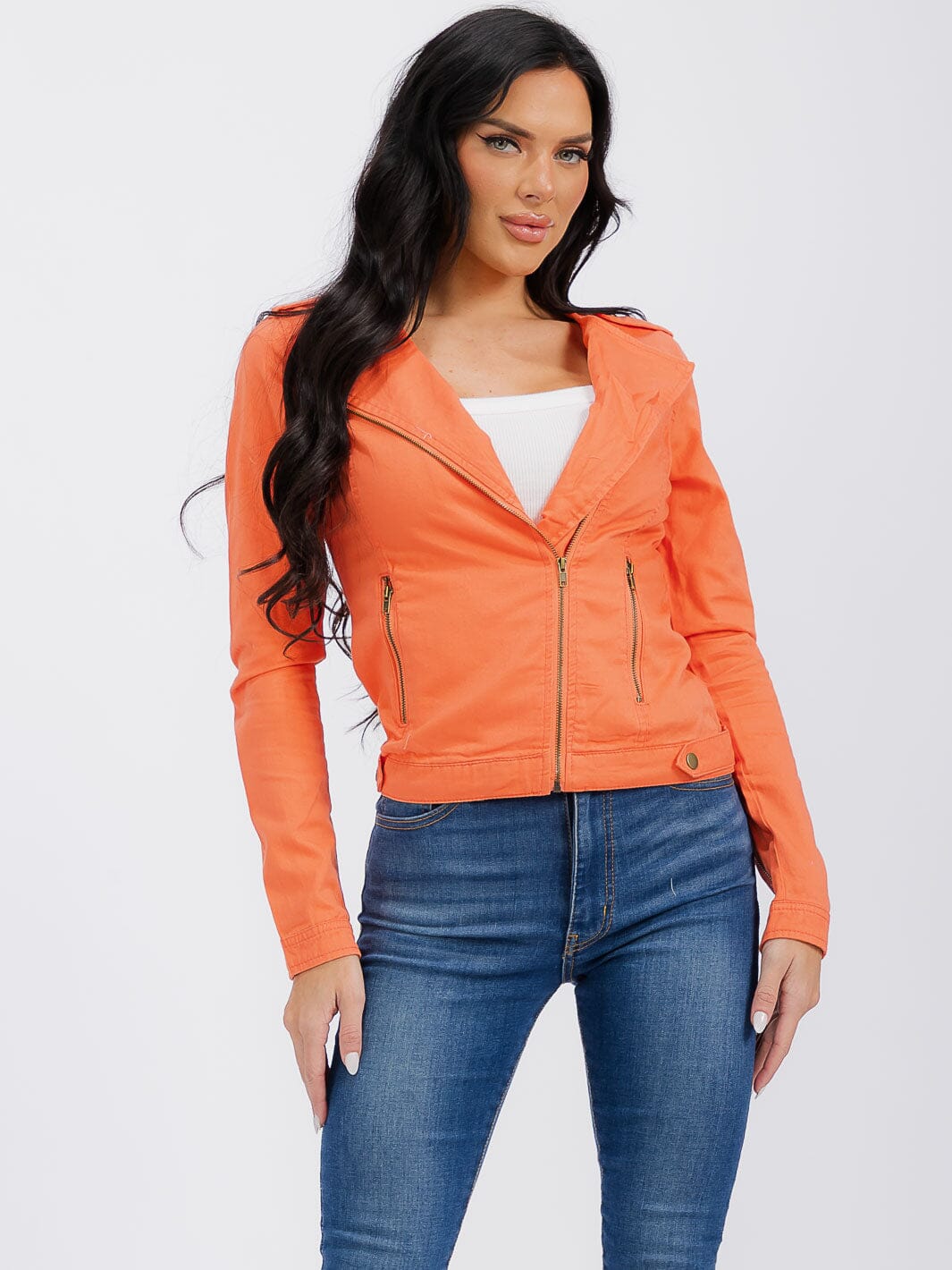 WOMEN'S LONG SLEEVE ZIPPER CLOSURE POCKETS DENIM JACKET