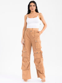 WOMEN'S BUTTON CLOSURE CARGO POCKETS WIDE LEG DENIM STRETCH PANTS