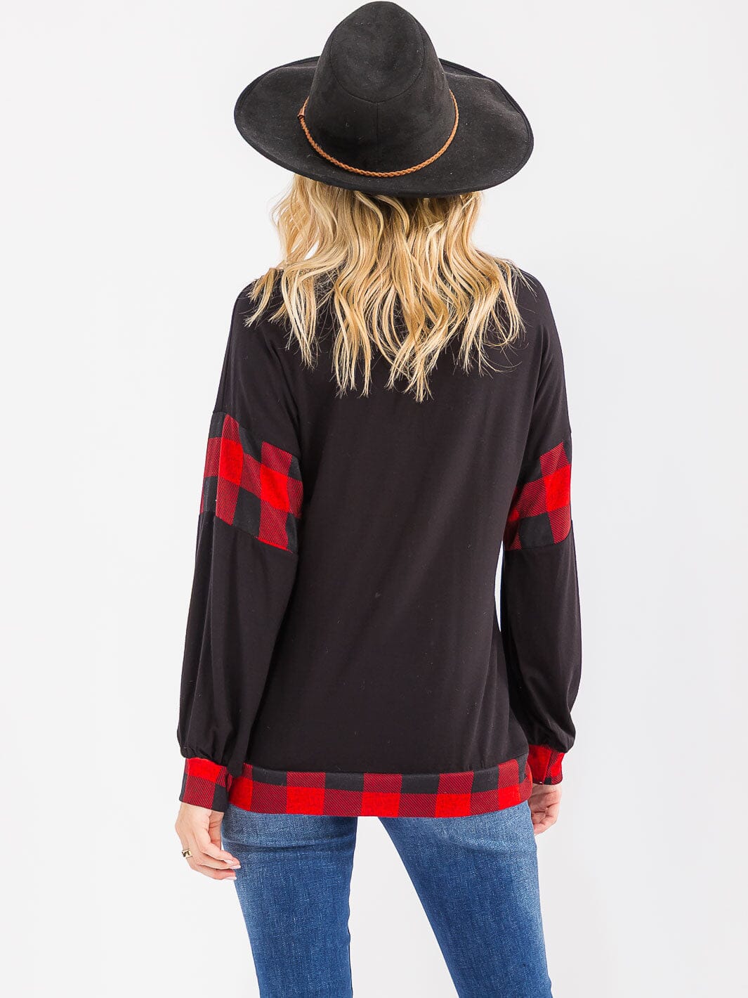 WOMEN'S LONG SLEEVE CONTRAST PLAID TOP