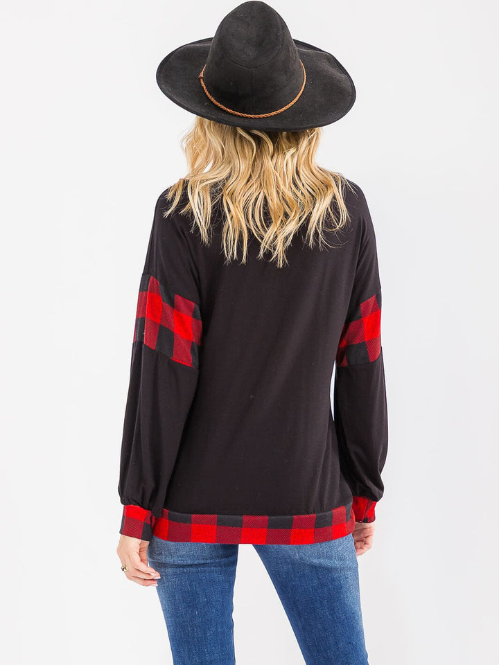 WOMEN'S LONG SLEEVE CONTRAST PLAID TOP