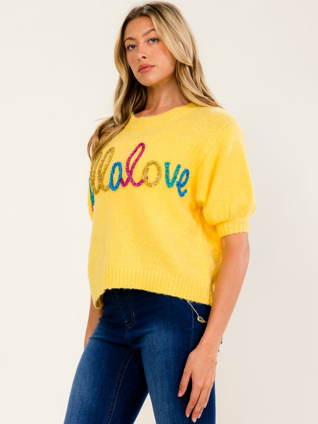 WOMEN'S SHORT SLEEVE HELLO LOVE SWEATER TOP